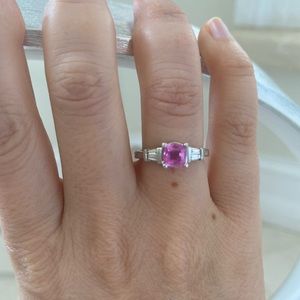 Antique pink sapphire and diamond platinum ring 4.5